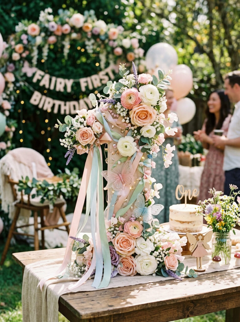 Floral number one display for a fairy first birthday party