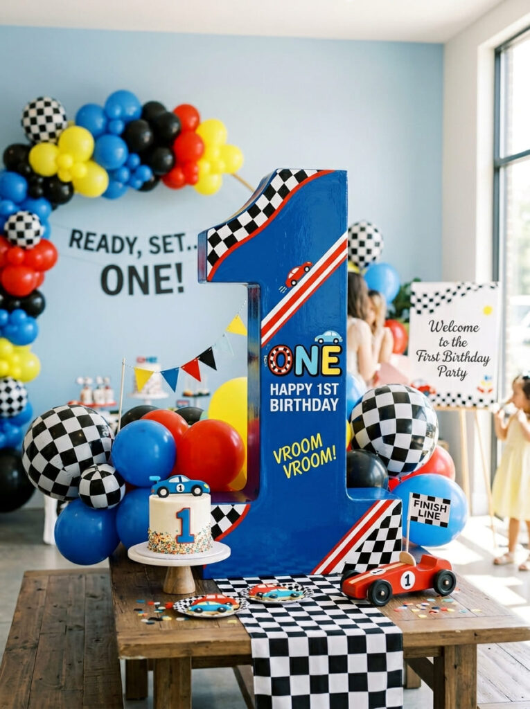 Cars first birthday number one display with race-inspired accents