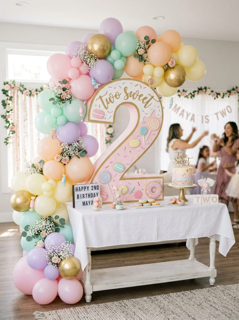 Two Sweet second birthday number two display with pastel party accents