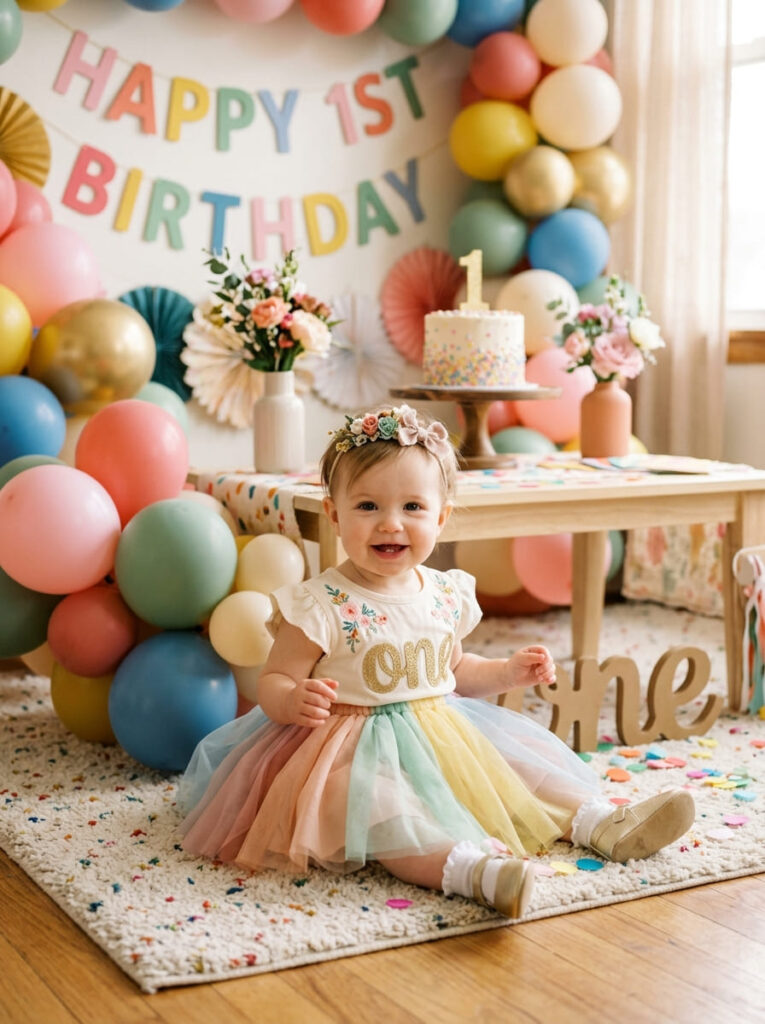 One year old in a colorful first birthday outfit with a bright bow