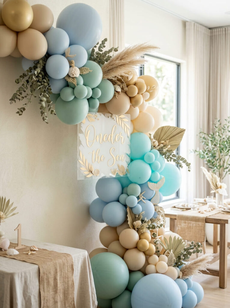 Oneder the Sea balloon garland with soft coastal colors and mixed balloon sizes