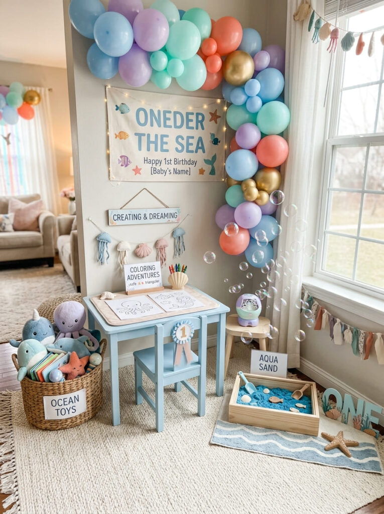 Oneder the Sea activity corner with bubbles toys and soft play details