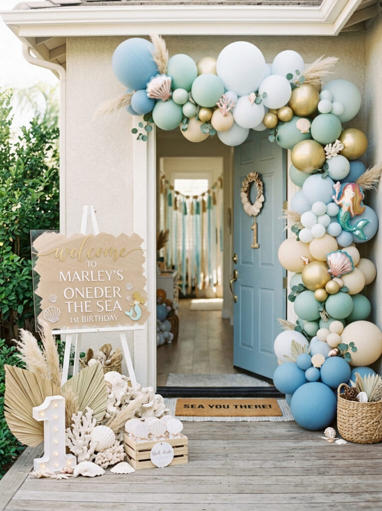 Oneder the Sea birthday entrance with soft balloons and a coastal welcome sign