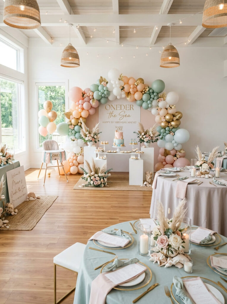 Full Oneder the Sea first birthday setup with coordinated coastal decor
