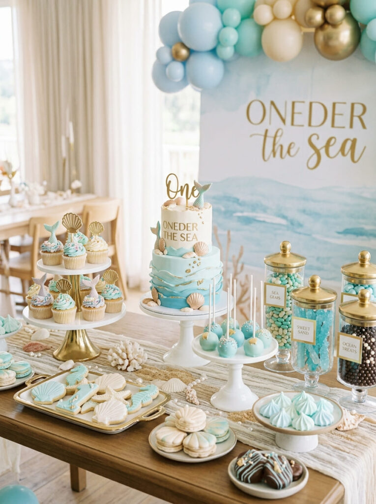 Oneder the Sea dessert display with cupcakes cookies and shell shaped sweets