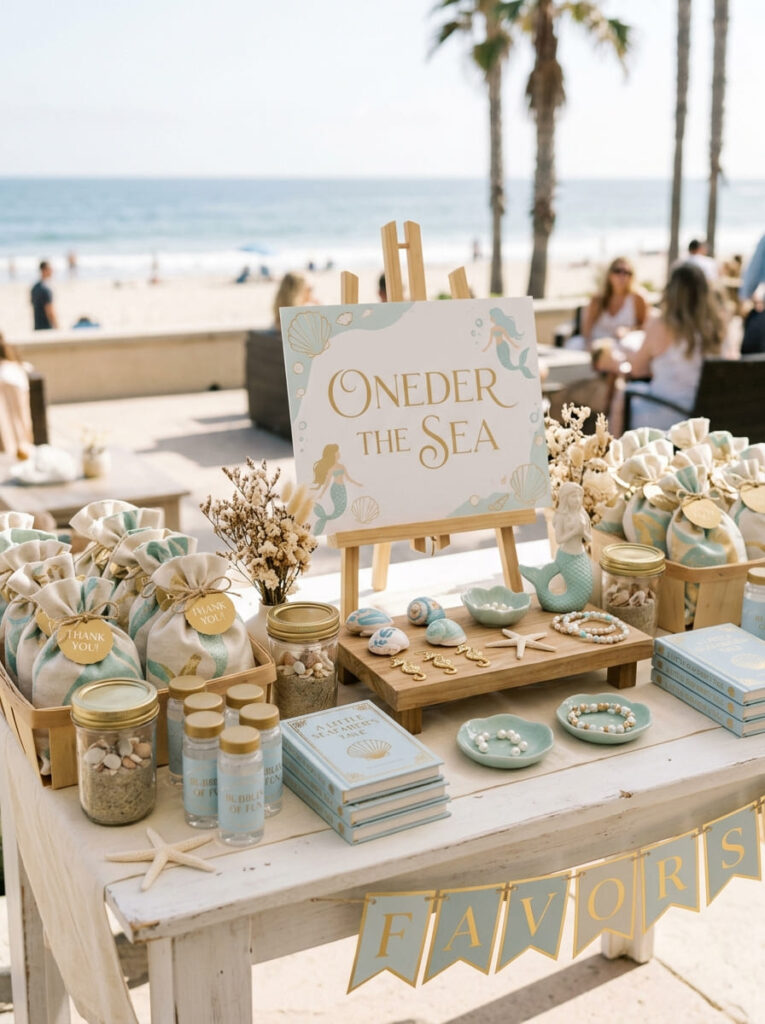 Oneder the Sea favor display with coastal treat bags and shell themed gifts