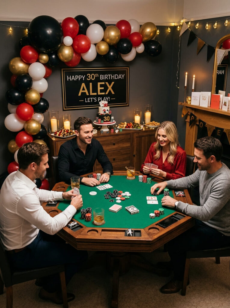 Poker night birthday theme with clean stylish party decor