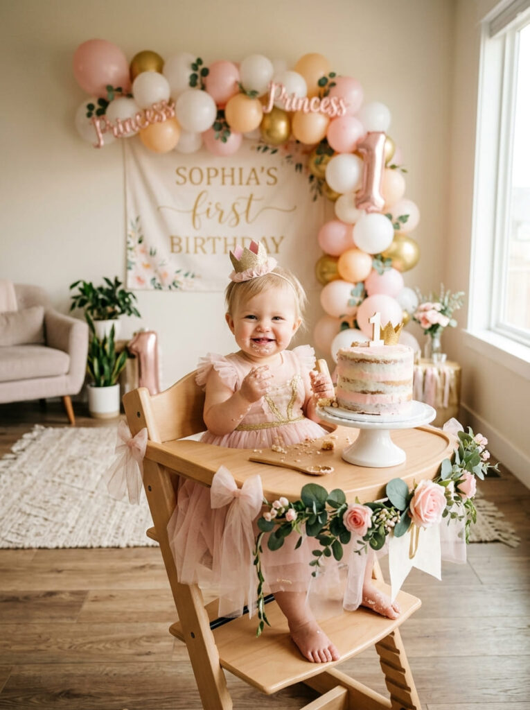 Princess first birthday cake moment with a simple high chair and soft balloons