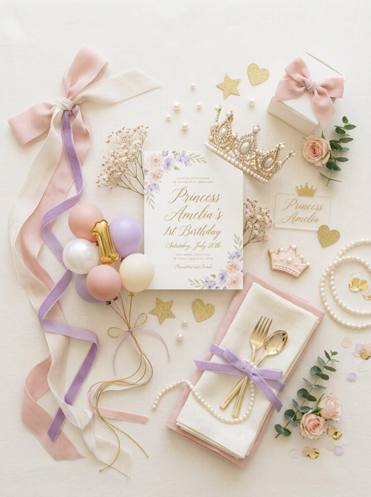 Princess first birthday color palette with blush ivory lilac cream and gold
