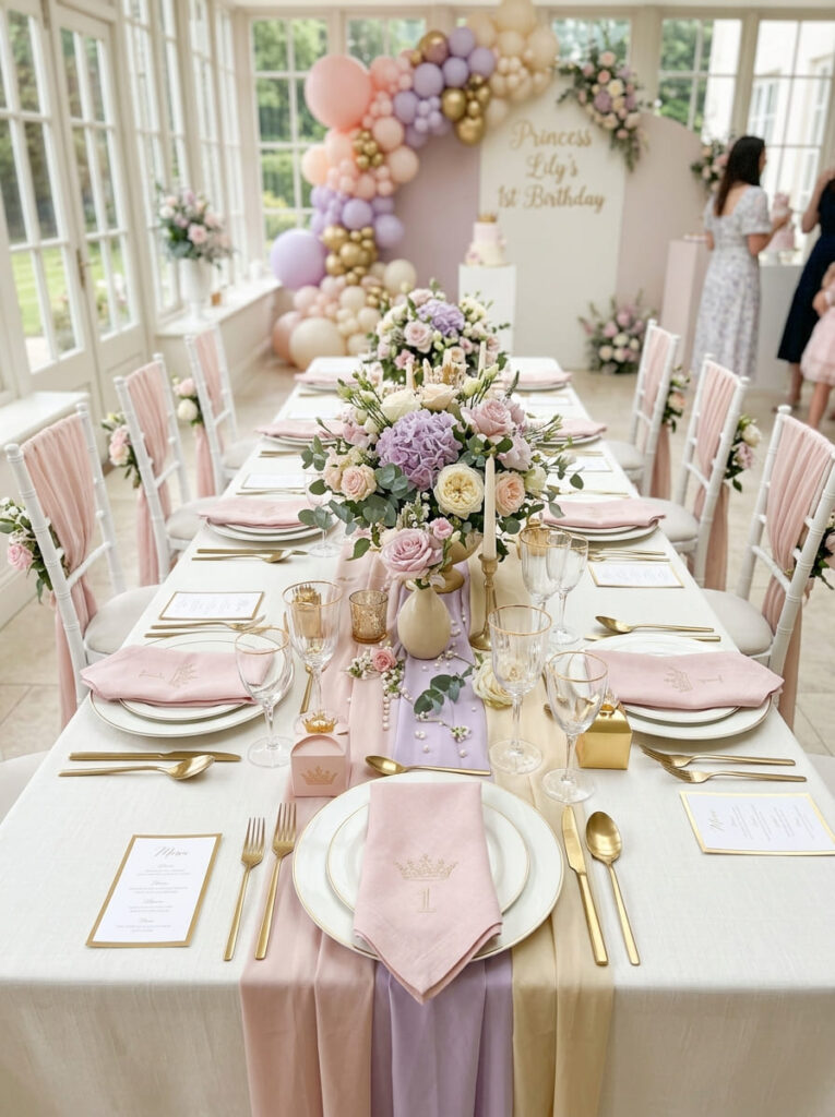 Princess first birthday guest table with elegant royal accents