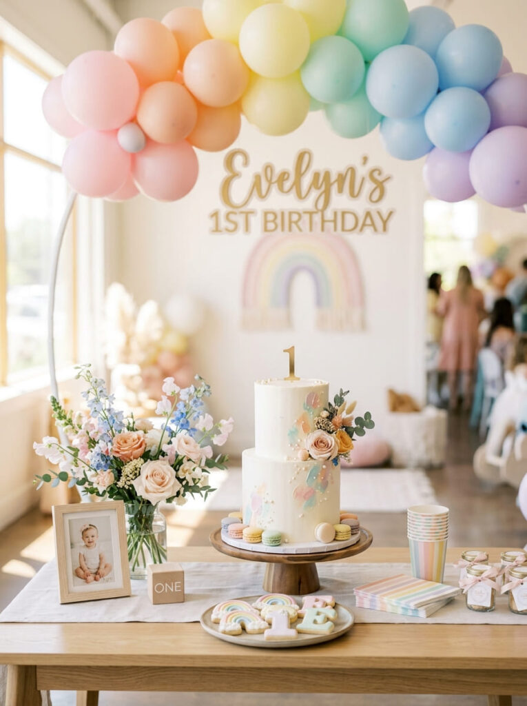 Soft rainbow inspired first birthday details with pastel brights