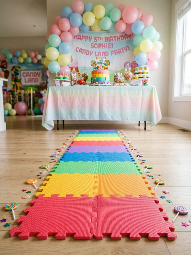 Candy Land fifth birthday rainbow path detail leading to the party setup
