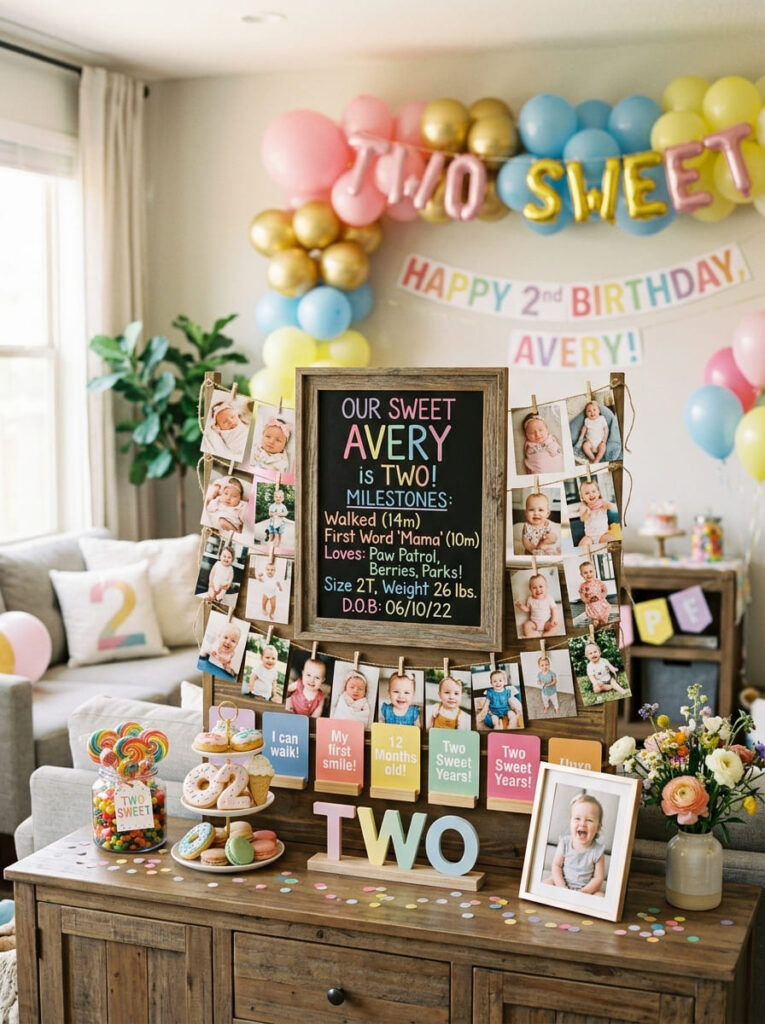 Two Sweet second birthday memory display with baby photos and milestone cards