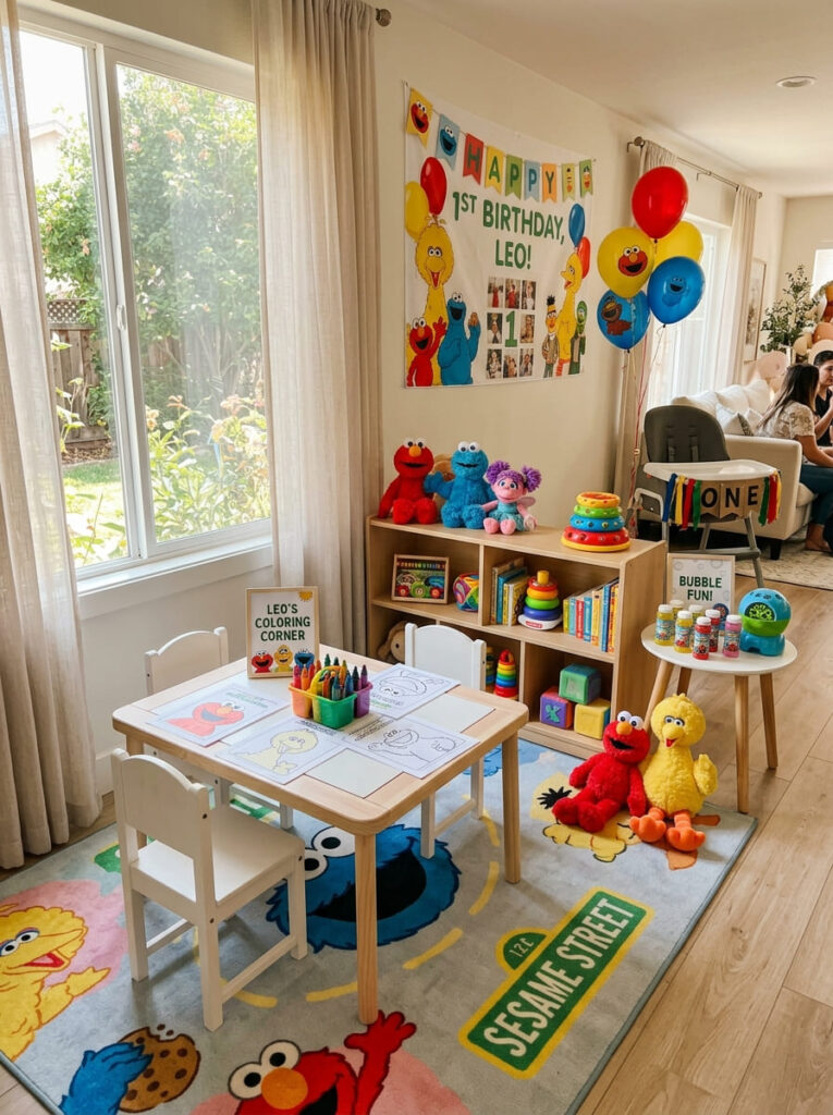 Sesame Street first birthday activity corner with toys bubbles and so  play details