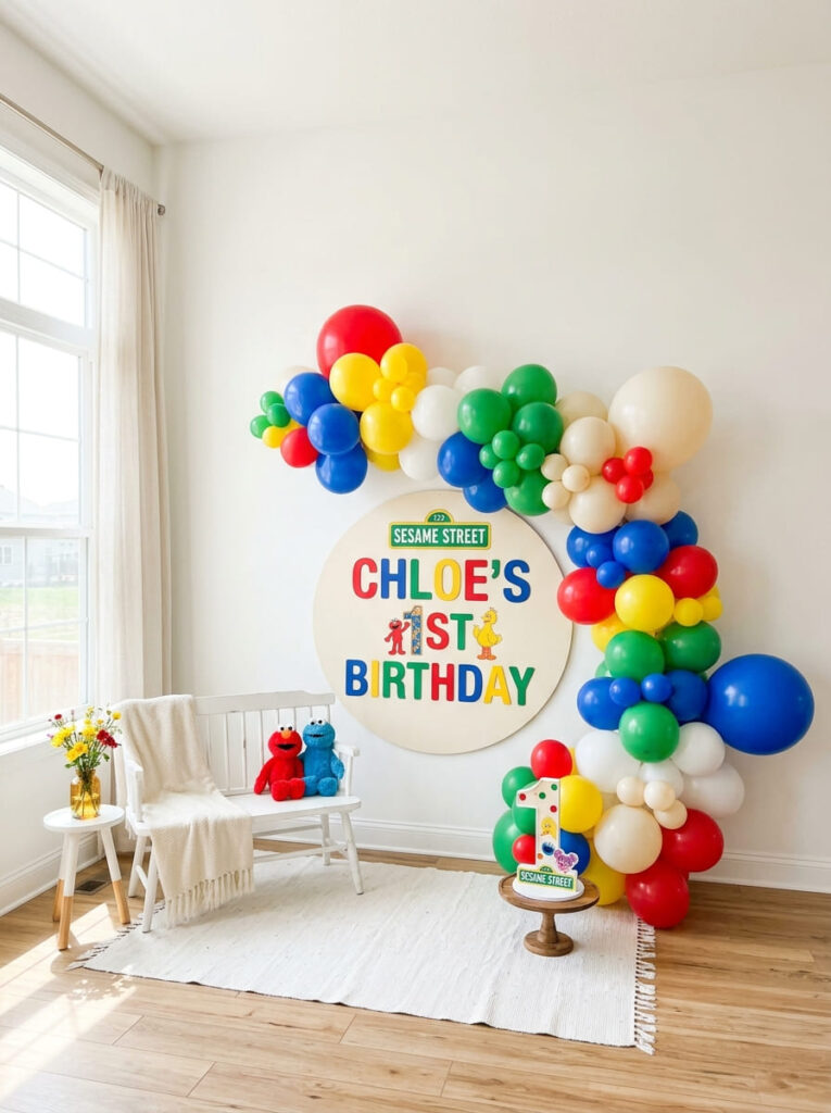 Sesame Street first birthday backdrop with balloons and character details
