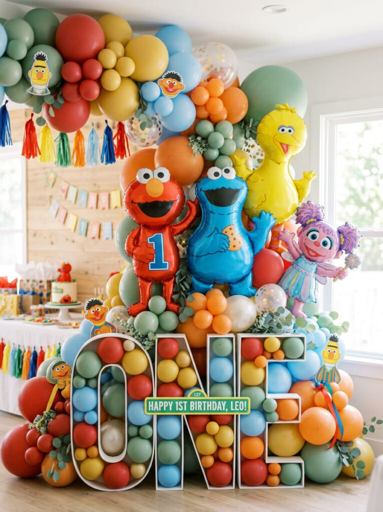 Sesame Street first birthday balloon garland with mixed colorful balloons