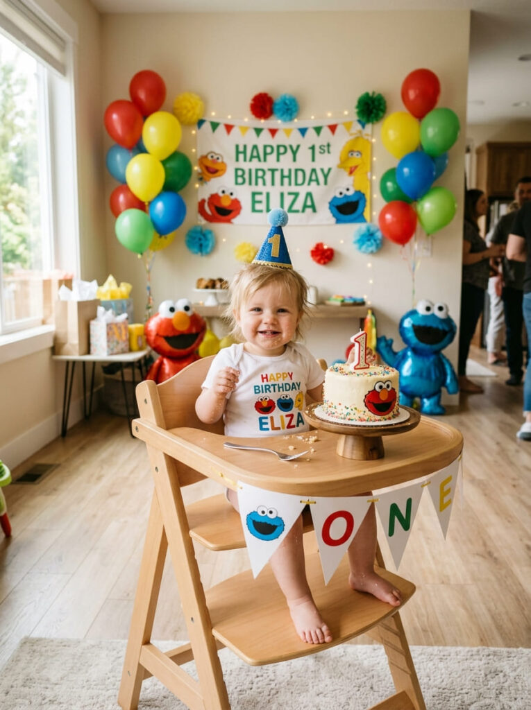 Sesame Street first birthday cake moment with a simple high chair and so