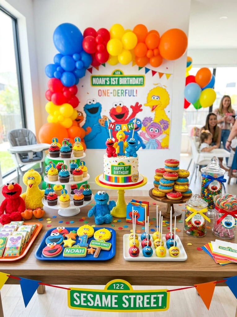 Sesame Street first birthday dessert display with cupcakes cookies and themed sweets