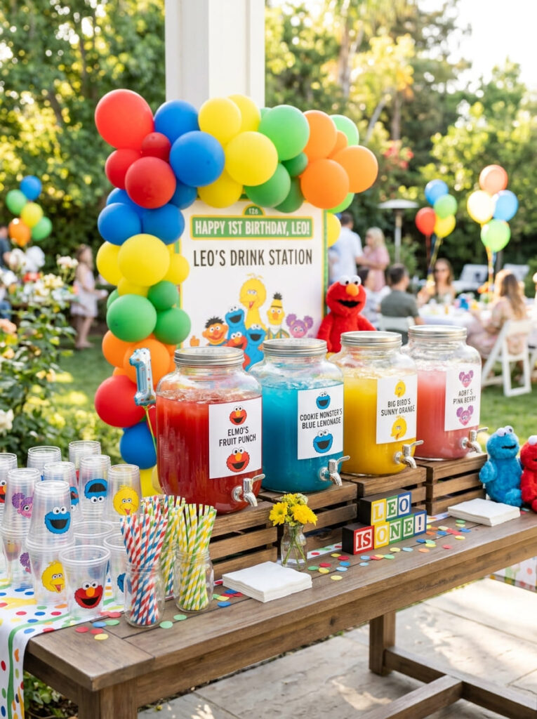 Sesame Street first birthday drink station with coordinated cups and themed details