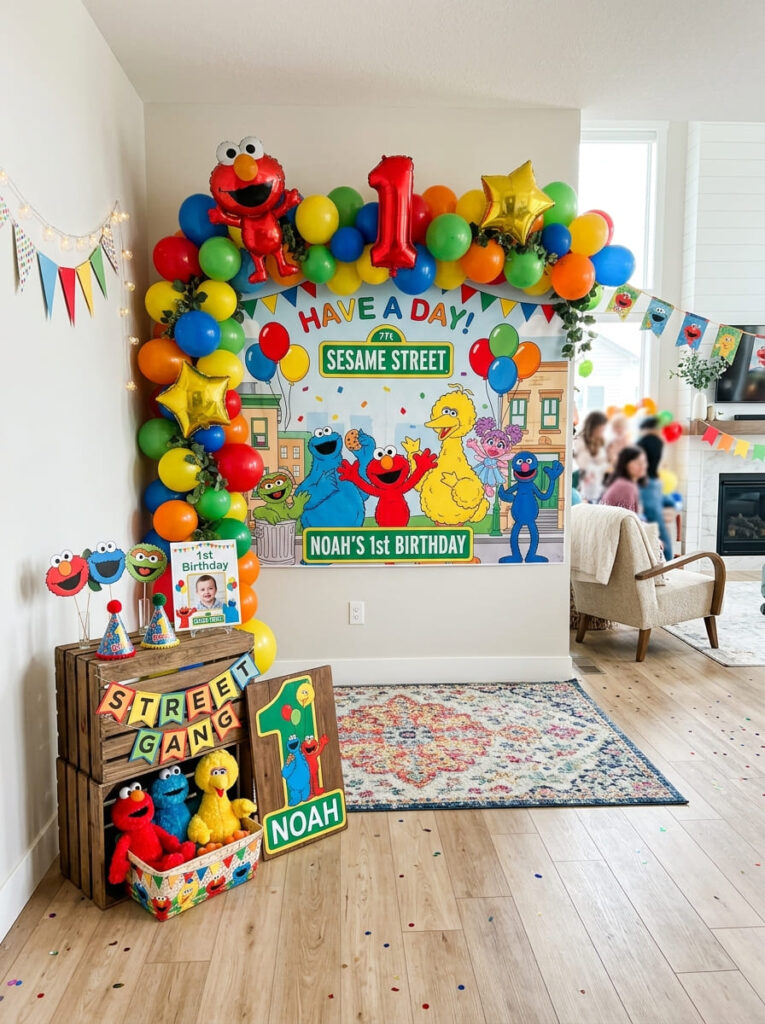 Sesame Street first birthday family photo corner with themed backdrop and balloons