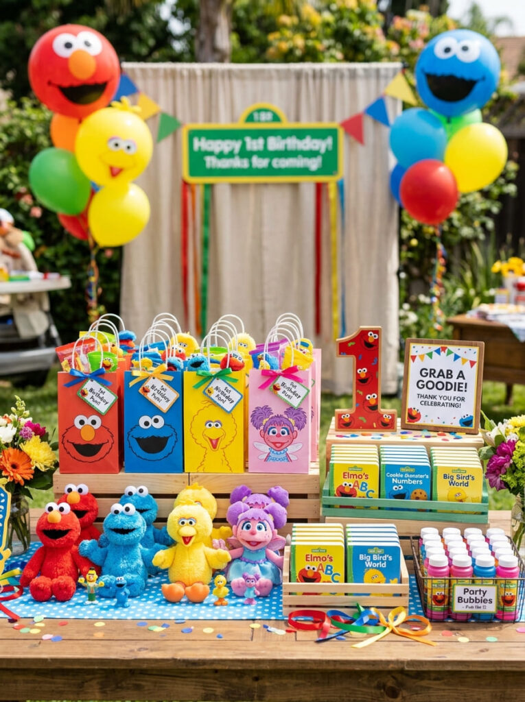Sesame Street first birthday favor display with toys and themed treat bags