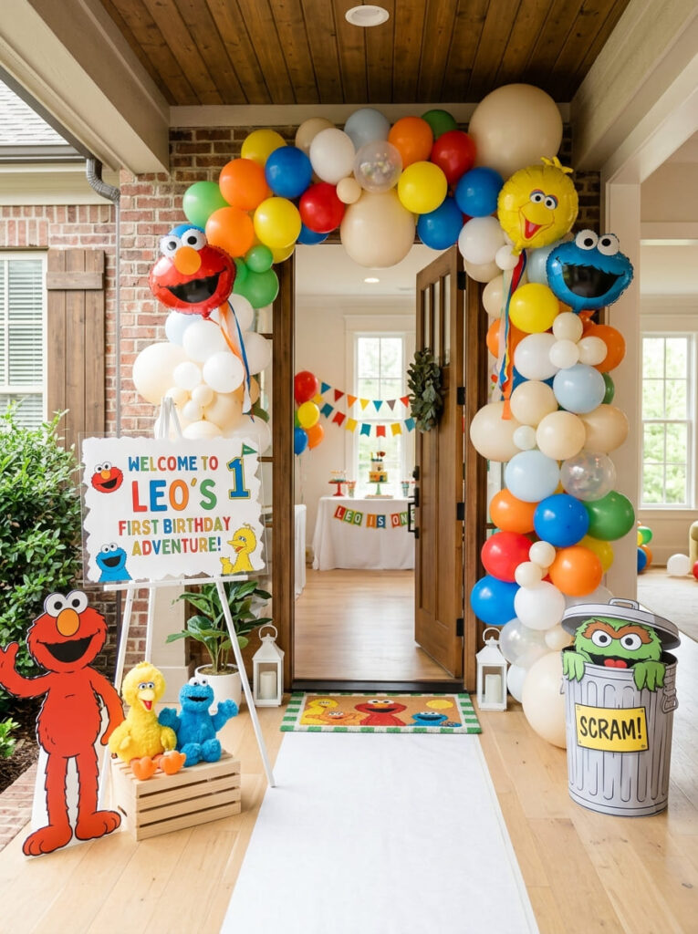 Sesame Street first birthday entrance with colorful balloons and a welcome sign