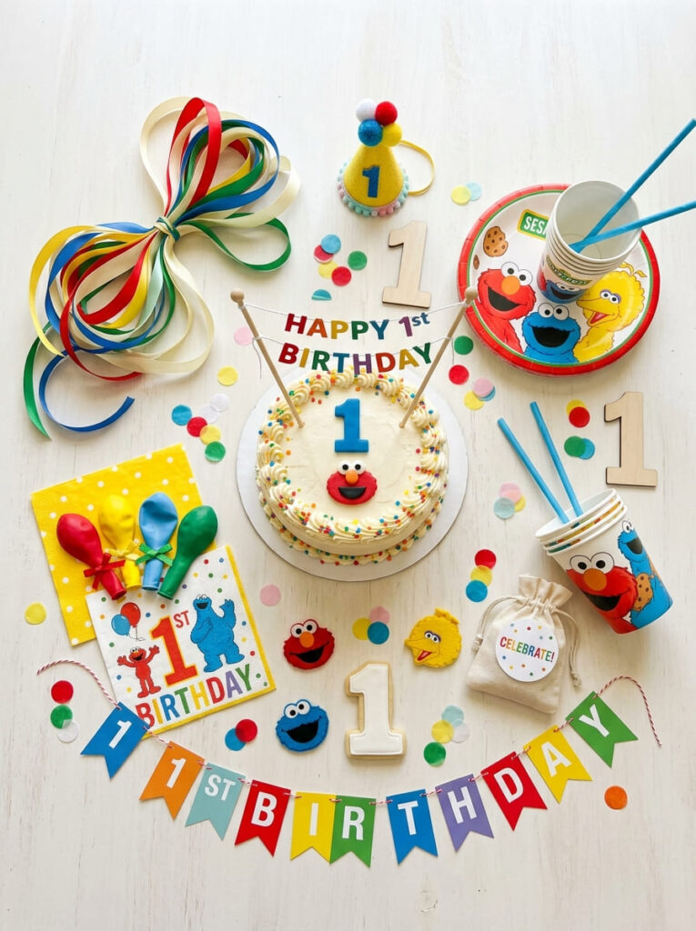 Sesame Street first birthday color palette with bright and softened character colors