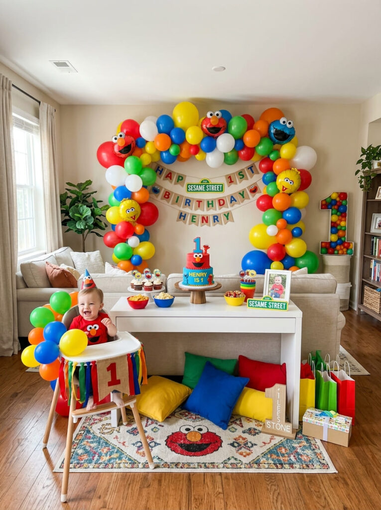 Budget friendly Sesame Street first birthday setup with stylish themed decor
