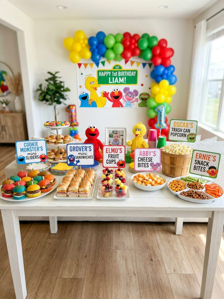 Sesame Street first birthday food table with snack trays and playful labels
