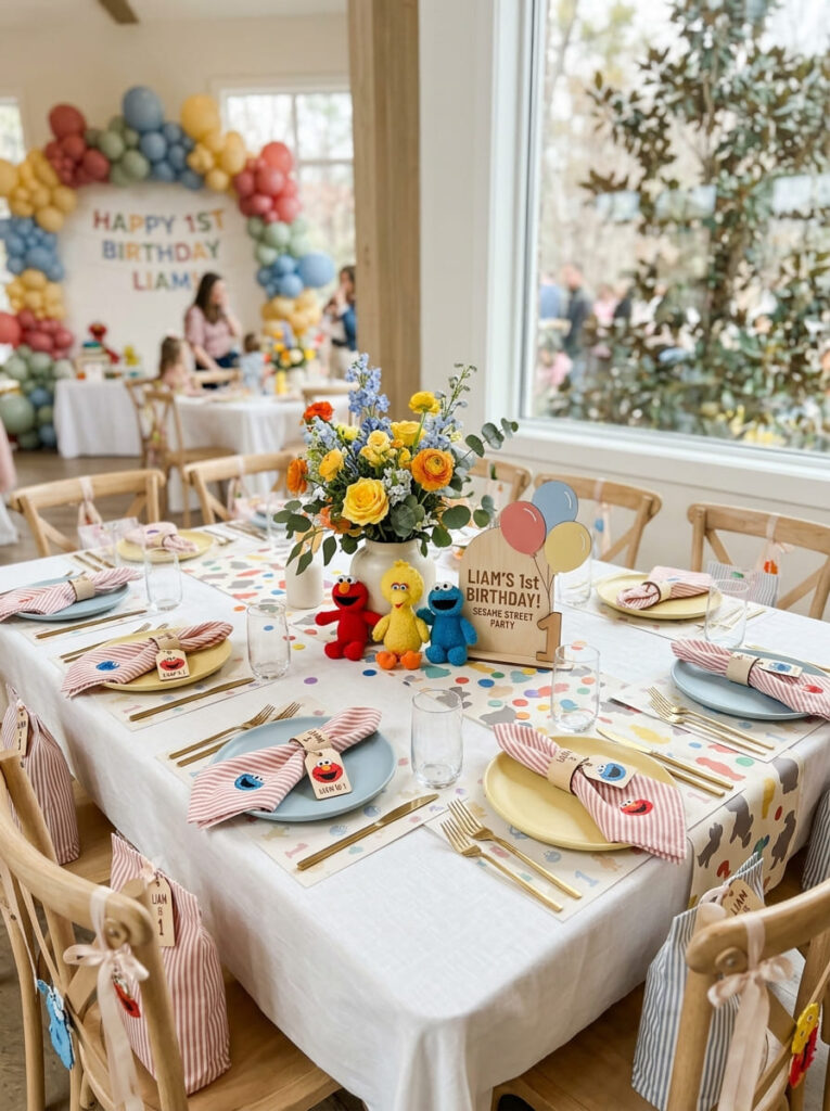 Sesame Street first birthday guest table with playful character accents