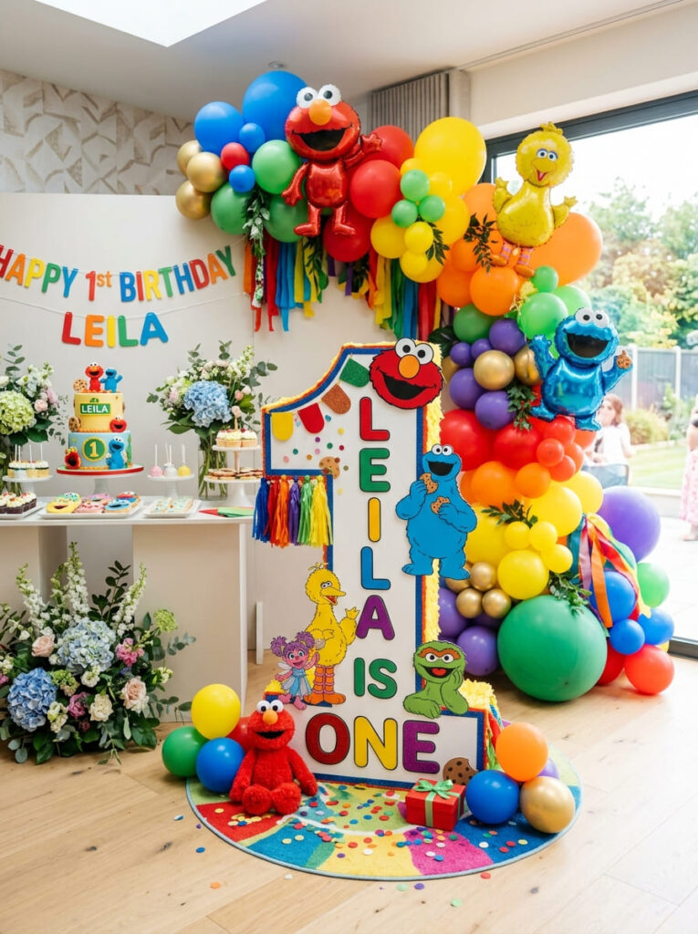Sesame Street first birthday number one display with playful themed accents