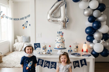 Space rocket fourth birthday party setup for a child at home