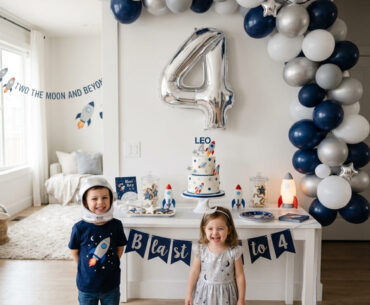 Space rocket fourth birthday party setup for a child at home