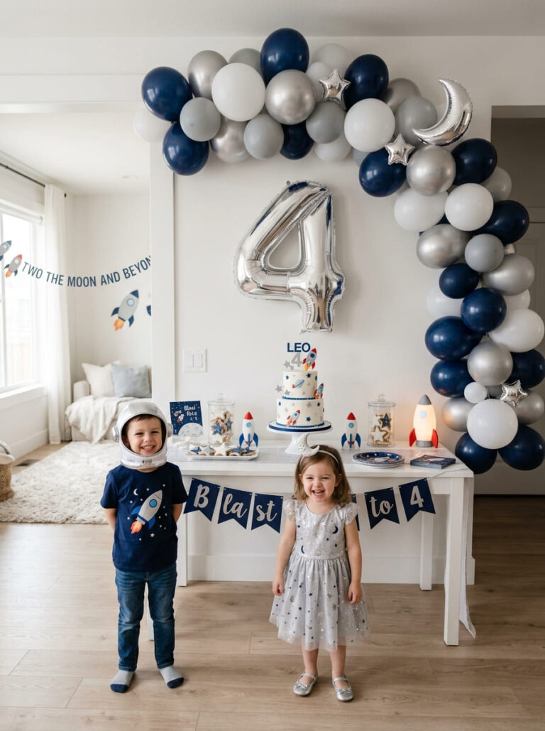Space rocket fourth birthday party setup for a child at home