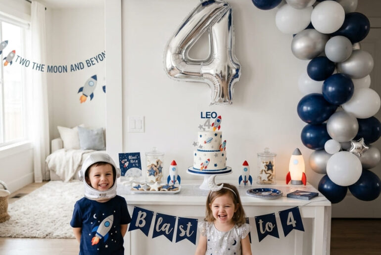 Space rocket fourth birthday party setup for a child at home