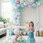Stylish mermaid fourth birthday party setup for a girl at home