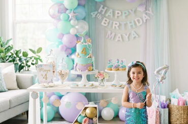 Stylish mermaid fourth birthday party setup for a girl at home