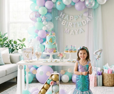 Stylish mermaid fourth birthday party setup for a girl at home