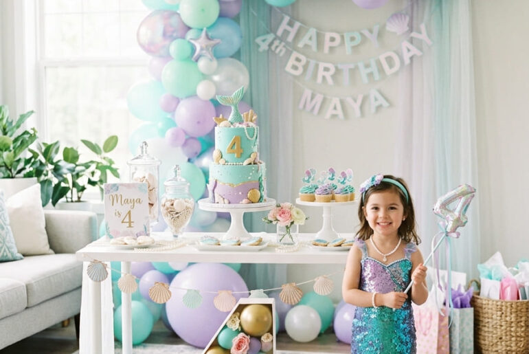 Stylish mermaid fourth birthday party setup for a girl at home