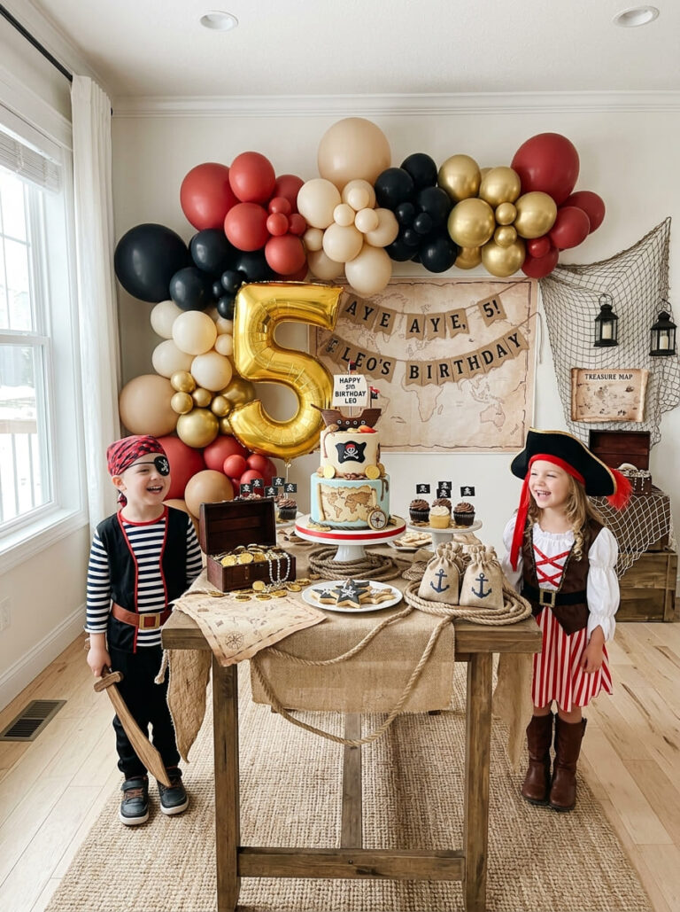 Stylish pirate fifth birthday party setup at home