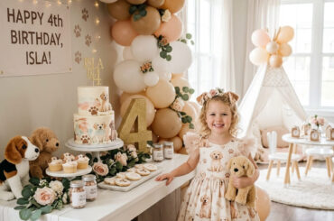 Stylish puppy fourth birthday party setup at home