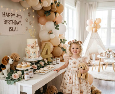 Stylish puppy fourth birthday party setup at home