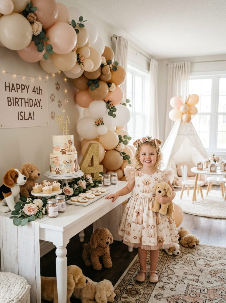 Stylish puppy fourth birthday party setup at home