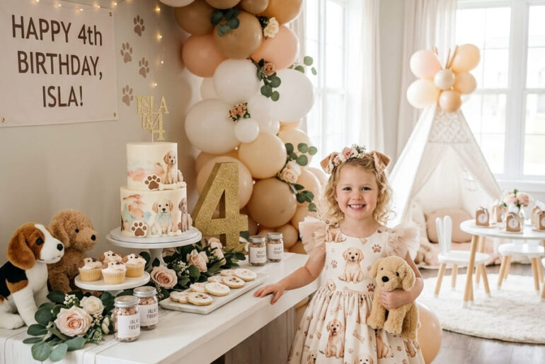 Stylish puppy fourth birthday party setup at home