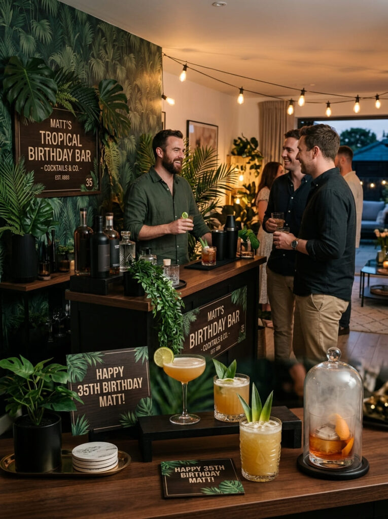 Tropical cocktail birthday theme with stylish modern masculine decor