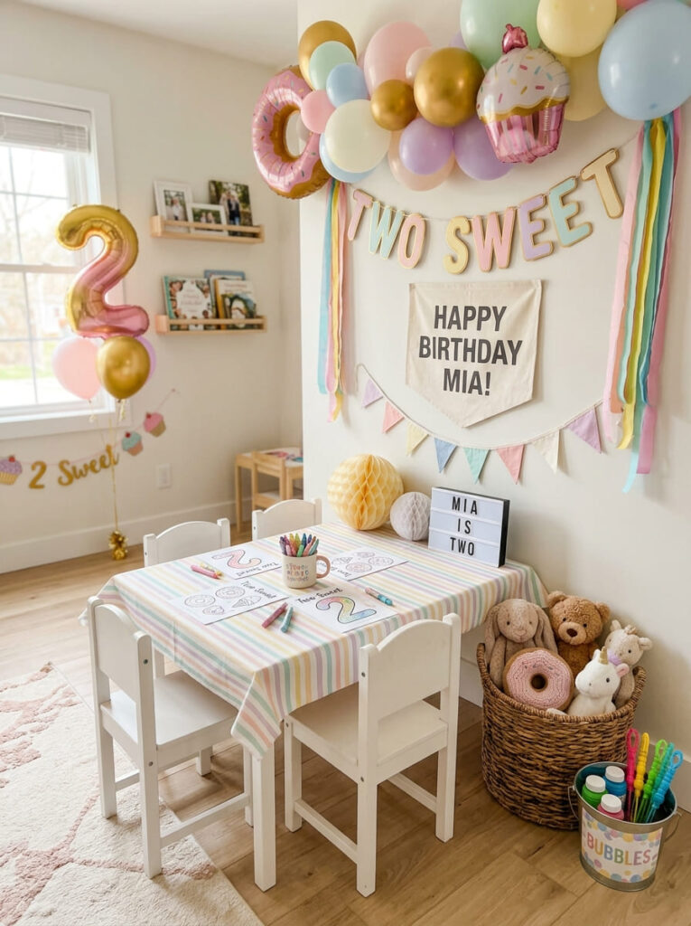 Two Sweet birthday activity corner with coloring and bubbles