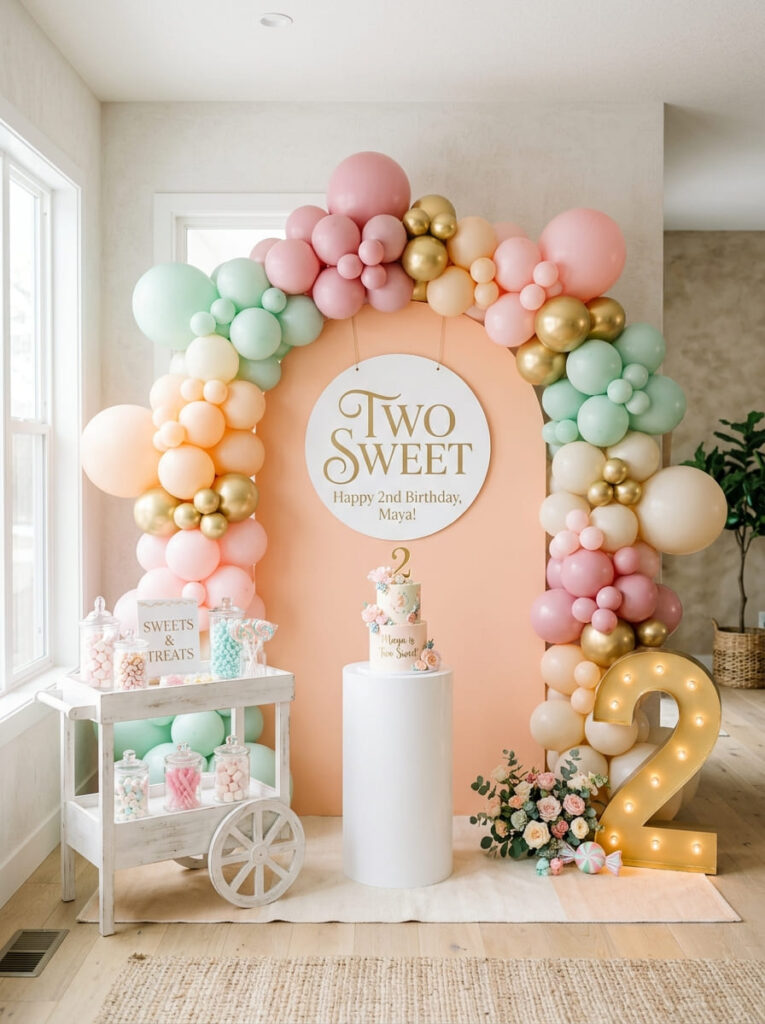 Two Sweet birthday backdrop with pastel balloons and candy details