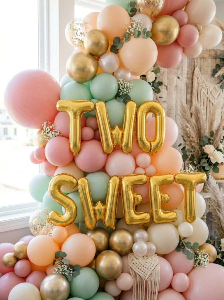 Two Sweet birthday balloon garland with mixed pastel colors