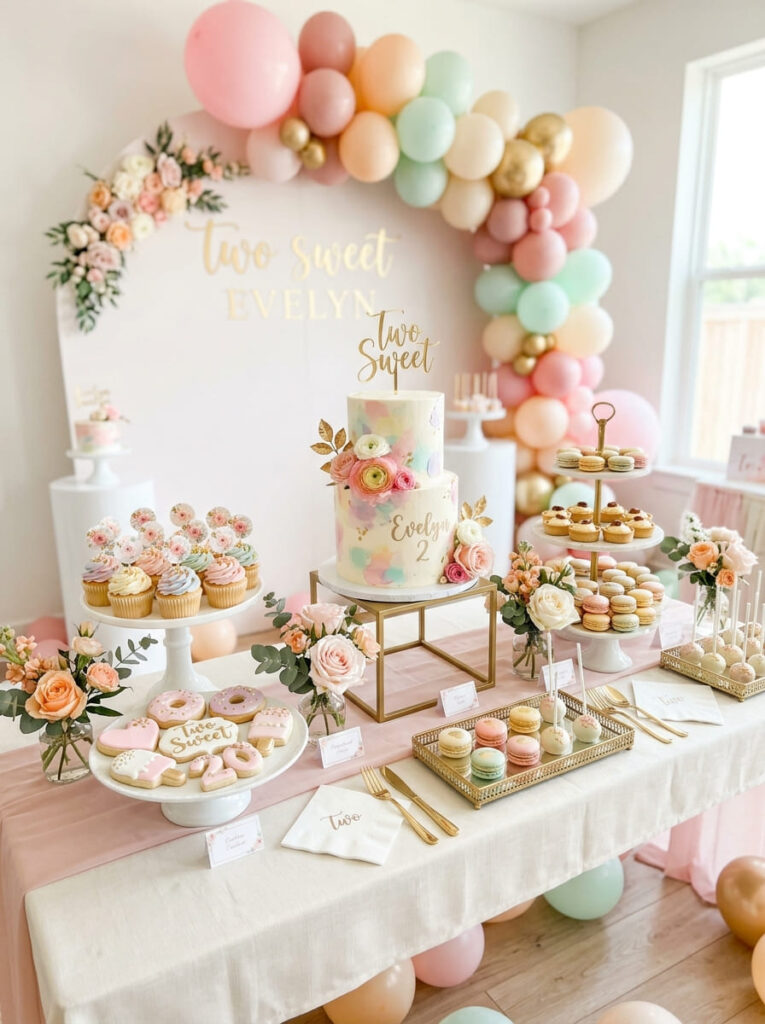 Two Sweet birthday dessert display with cupcakes cookies and pastel candies