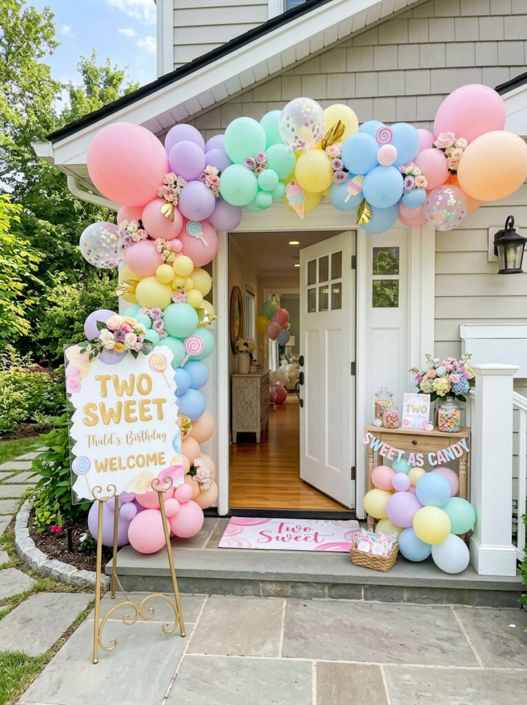 Two Sweet birthday entrance with pastel balloons and a welcome sign